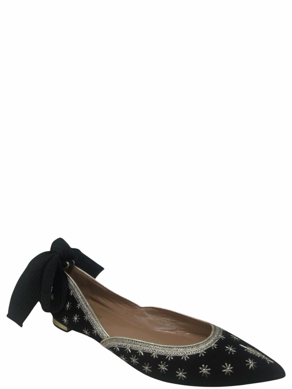 Aquazzura Bliss Black Suede Gold Embroidered Stars Ankle Wrap Ballet Flats 11